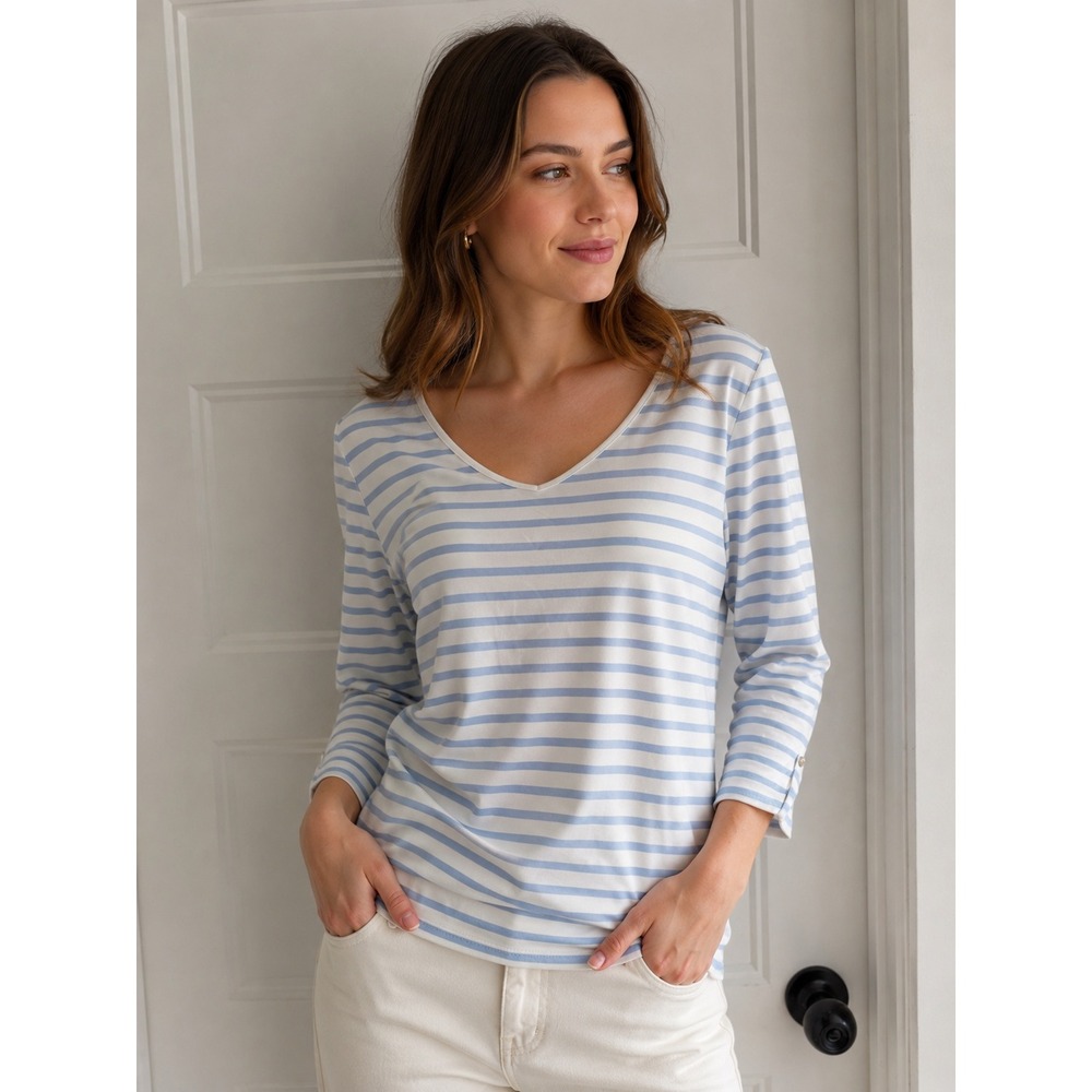 Saint James Breton Striped Anti UV V-Neck Top Light Blue White Size M